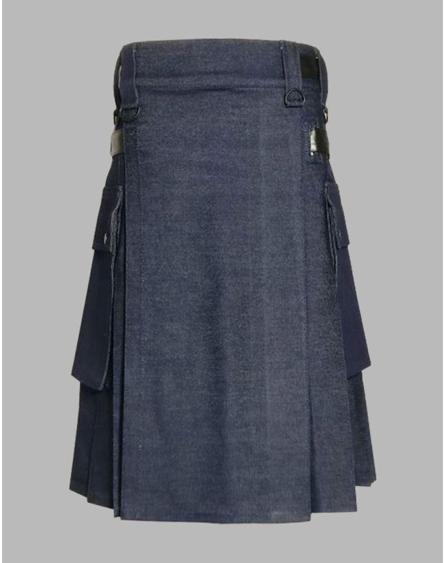 Men Blue Denim Utility Cargo Pockets Kilt