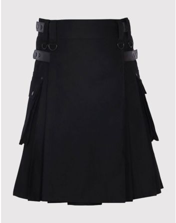 Leather Straps Black Cotton Utility Kilt